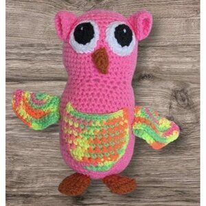 Owl Crocheted Plush Handmade Amigurumi Stuffed Animal Bird Pink Pocket Big Eyes